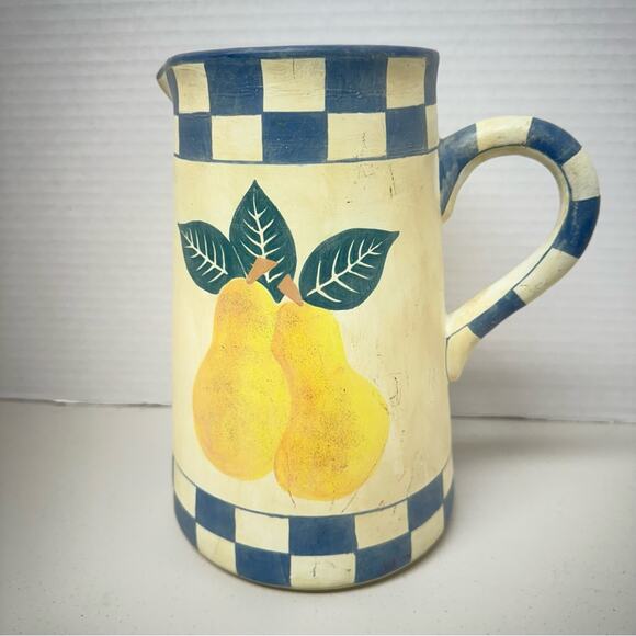 Vintage Farmhouse Style Pear Checkered Pottery Pitcher Decor 90s Sara Scott - Picture 8 of 10